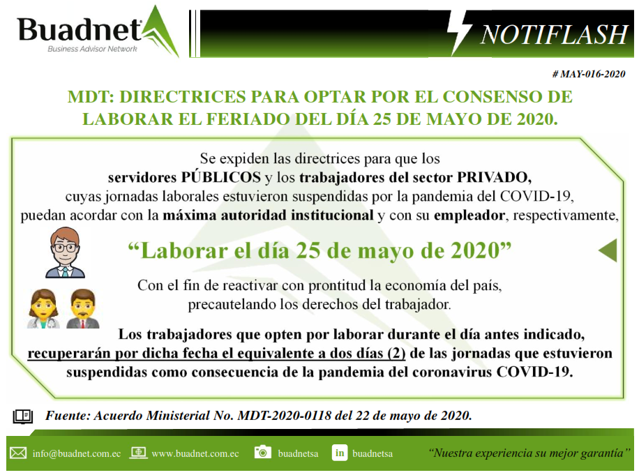 MDT: DIRECTRICES PARA OPTAR POR EL CONSENSO DELABORAR EL FERIADO DEL DÍA 25 DE MAYO DE 2020.