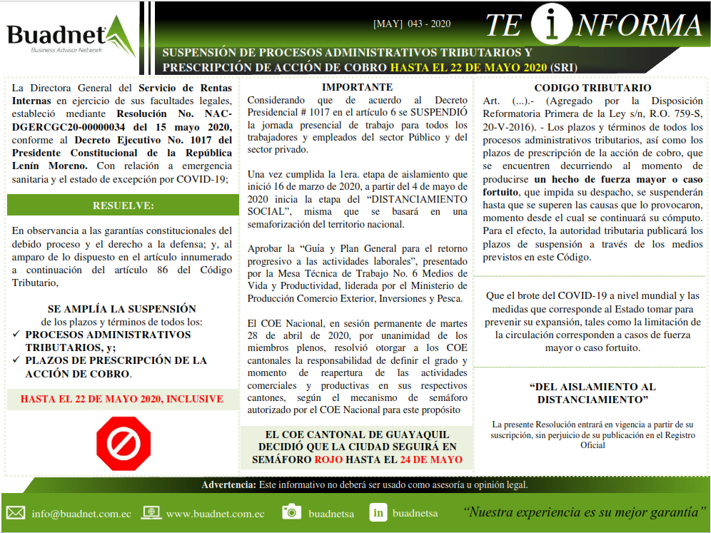 SUSPENSIÓN DE PROCESOS ADMINISTRATIVOS TRIBUTARIOS YPRESCRIPCIÓN DE ACCIÓN DE COBROHASTA EL 22 DE MAYO 2020(SRI)