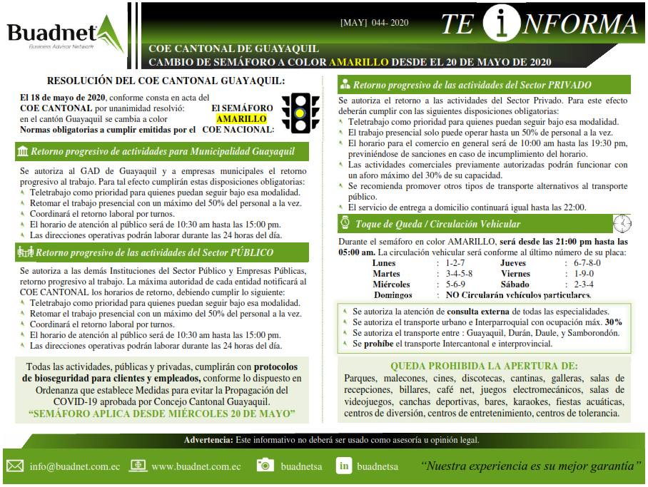 COE CANTONAL DE GUAYAQUILCAMBIO DE SEMÁFORO A COLORAMARILLODESDE EL 20 DE MAYO DE 2020