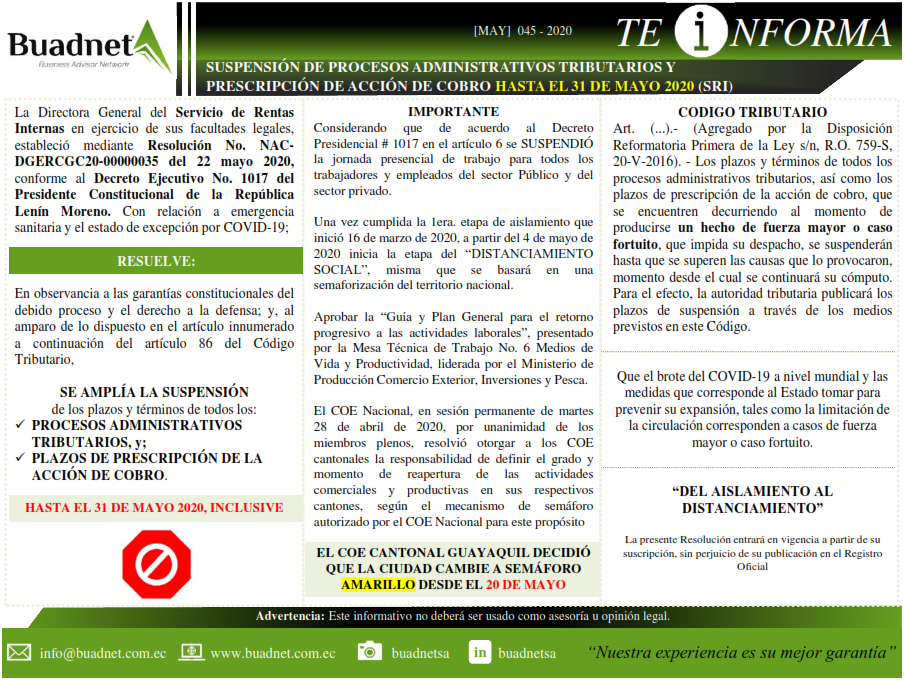 SUSPENSIÓN DE PROCESOS ADMINISTRATIVOS TRIBUTARIOS Y
PRESCRIPCIÓN DE ACCIÓN DE COBROHASTA EL31DE MAYO 2020(SRI)