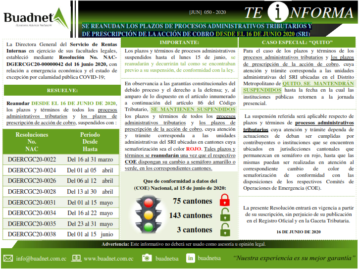 La Directora General del Servicio de RentasInternas en ejercicio de sus facultades legales,estableció mediante Resolución No. NAC-DGERCGC20-00000042del 16junio2020,conrelaciónaemergenciaeconómicayel estadodeexcepciónporcalamidadpúblicaCOVID-19;