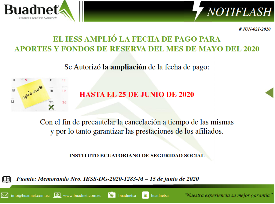 EL IESS AMPLIÓ LA FECHA DE PAGO PARAAPORTES Y FONDOS DE RESERVA DEL MES DE MAYO DEL 2020