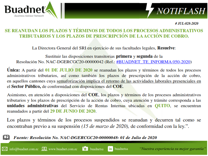 SE REANUDAN LOS PLAZOS Y TÉRMINOS DE TODOS LOS PROCESOS ADMINISTRATITRIBUTARIOS Y LOS PLAZOS DE PRESCRIPCIÓN DE LA ACCIÓN DE COBRO.