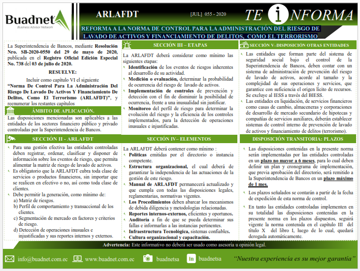 La Superintendencia de Bancos, mediante Resolución
Nro. SB-2020-0550 del 29 de mayo de 2020,
publicada en el Registro Oficial Edición Especial
No. 738 del 03 de julio de 2020.