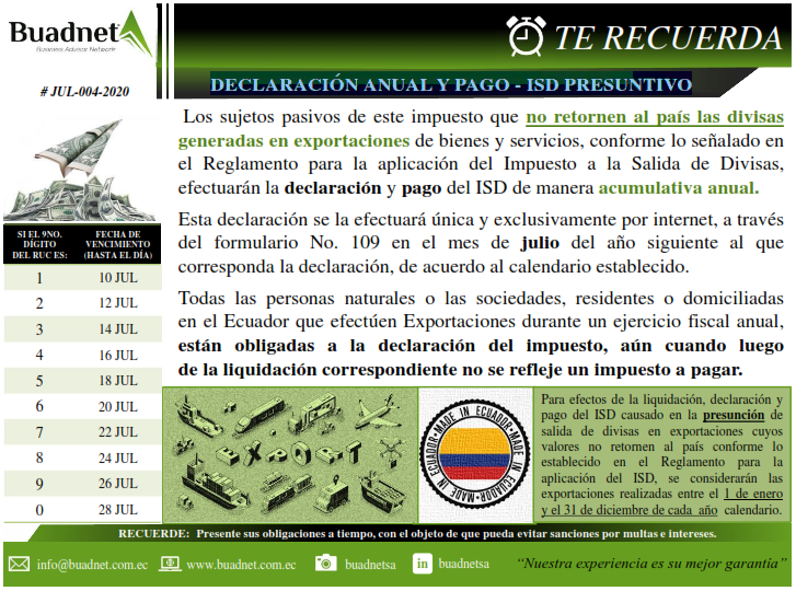 Lossujetospasivosdeeste impuestoquenoretornenalpaís lasdivisas
generadasenexportacionesdebienesyservicios,conformeloseñaladoenel Reglamento para la aplicación del Impuesto a la Salida de Divisas,efectuaránladeclaraciónypagodelISDdemaneraacumulativaanual.